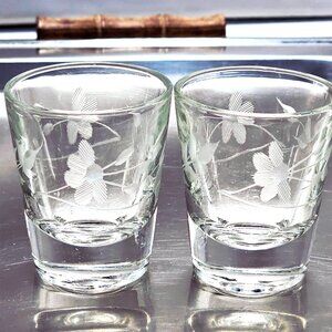 2 Cornflower Etched Glasses 2.25" shot glass schapps liqueurs 1.5 oz vtg floral